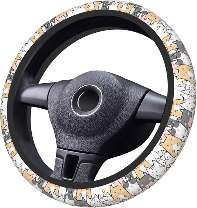 Cute Cat Steering Wheel Cover for Women, Universal Auto Steering Wheel 14-15 Inch Car Interior Accessories with 2PCS Car Coasters, Suitable for Men and Women