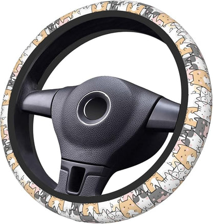 Cute Cat Steering Wheel Cover for Women, Universal Auto Steering Wheel 14-15 Inch Car Interior Accessories with 2PCS Car Coasters, Suitable for Men and Women