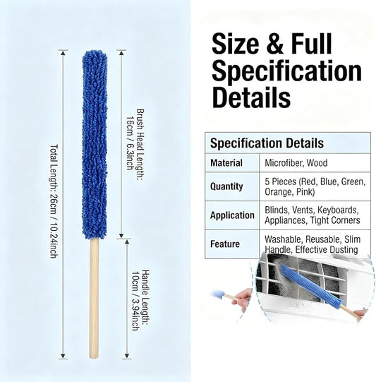 10-Pack 10.24 inch Microfiber Detail Duster Sticks, Reusable Mini Gap Dust Cleaner Crevice Tool, Fan Blade Brush for Car Air Vents, Window Blinds & Small Spaces