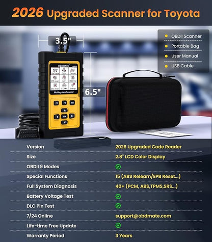 OBD2 Scanner for Toyota/Lexus/Scion, OM701 All Systems Diagnostic Tool with 15+ Resets (Oil/ETC/EPB/ABS/SAS/BAT Register...), Full OBDII Functions Read&Erase Fault Codes, Free Software Update