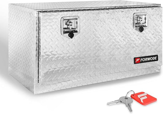 FORWODE 36x17x18 Inch Underbody Truck Tool Box Aluminum Trailer Tool Box with Lock & Foldable T-Handle Waterproof Truck Storage Box for Pickup Truck, Trailer, RV, ATV, Indoor（SILVER）