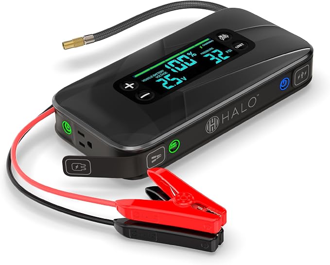 Halo Bolt Ultimate 3 Portable Car Battery Jump Starter | 130 PSI Air Compressor, 55.5Wh USB Power Bank, Large Display, Emergency Floodlight & Charger, Jumps Cars SUVs & Trucks, Inflates Tires — Black