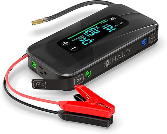Halo Bolt Ultimate 3 Portable Car Battery Jump Starter | 130 PSI Air Compressor, 55.5Wh USB Power Bank, Large Display, Emergency Floodlight & Charger, Jumps Cars SUVs & Trucks, Inflates Tires — Black