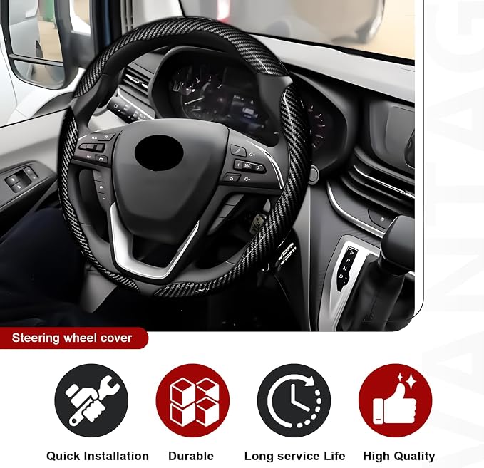 3pcs Universal Carbon Fiber Steering Wheel Cover - Anti-Slip & Segmented Design, Universal 99% Durable Steering Wheel Protector for Men and Women, Car Interior Accessory (Black)