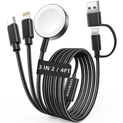 2026 Travel Essentials for Apple Watch Charger,Cruise Vacation Camping Essentials,iPhone Charger,Multi Charging Cable,3 in 2 Charging Docks for iWatch Series 11-2/Ultra,iPhone 17-12,Car,Black