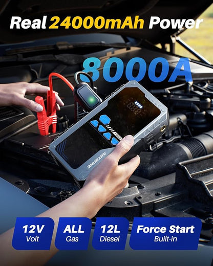 AUTOONE JWA2 Jump Starter with Air Compressor (All Gas/12L Diesel), 150PSI Car Jumper Starter Portable, Jump Box Tire Inflator with LED Flashlight, LCD Display, Storage Case