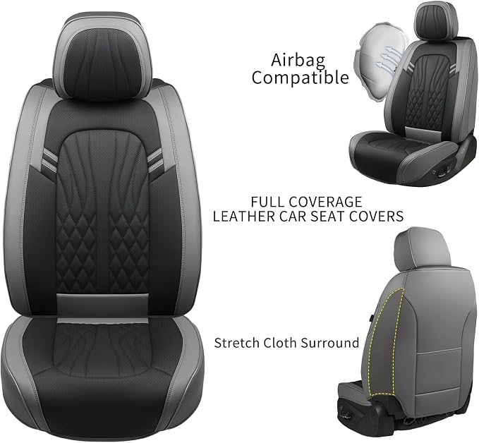 MINGBRON Leather Car Seat Covers,Breathable and Waterproof Faux Leather Automotive Seat Covers for Cars SUV Truck Sedan,Universal Driver Seat Cover Grey&Black