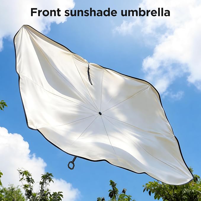 2026 Upgraded Windshield Sun Shade Umbrella [7-Layer Vinyl Coating Heat Shield] Foldable Front Window Sunshade Umbrella Flexible Handle Protect Interior from UV Keep Car Cooler (57" x 31")