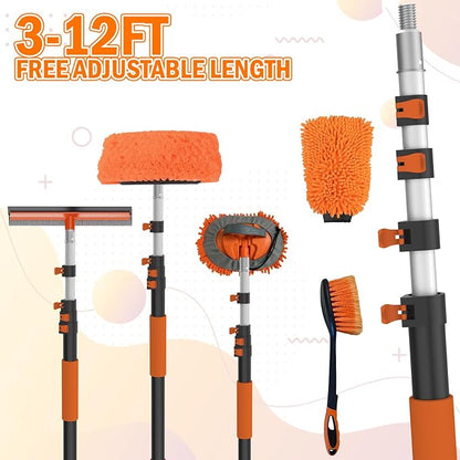 LAANPOLE 12FT Car Wash Brush with Long Handle, Car Cleaning Kit with Soft Bristle Wash Brush, Microfiber Cleaning Mop, Window Squeegee, Mitt, Wheel Brush for RV, Truck, Boat, House Siding