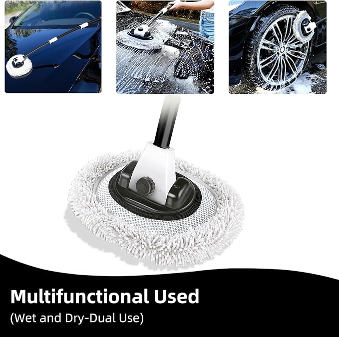 WillingHeart 15° Curved Car Wash Brush with Long Handle 43" Microfiber Cleaning Mop Telescopic Extension Pole for Caravan RV Truck Auto SUV Wheel Boat Exterior 2 in1 Carwash Duster Scratch Free, White