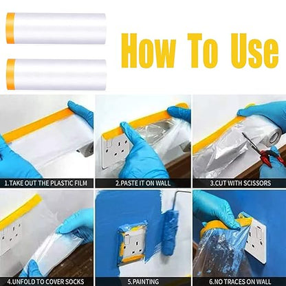 Tape and Drape, Pre-Taped Masking Film, 2 Rolls Automotive Best Tape and Drape Painters Paper, Paint Adhesive Protective Film Roll for Covering Skirting, Frames, Cars and Auto Body (59inchs x 65 feet)