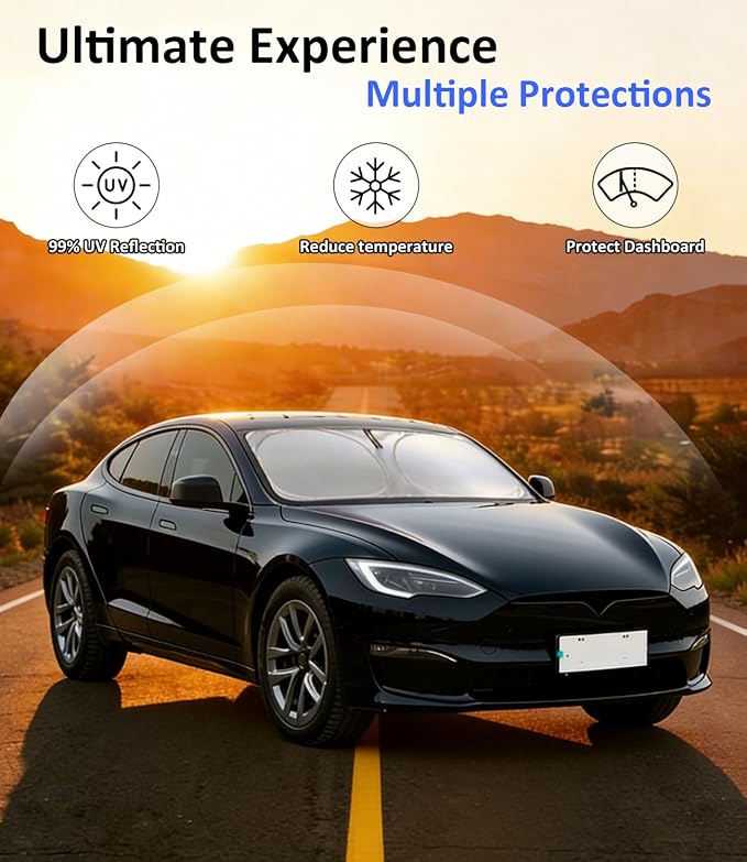 Windshield Sun Shade for Tesla Model S 2012-2026 Accessories, Car Front Window Sun Visor & Heat Shield | 240T Sunshade Protection Blocks UV Rays Keep Your Car Cooler