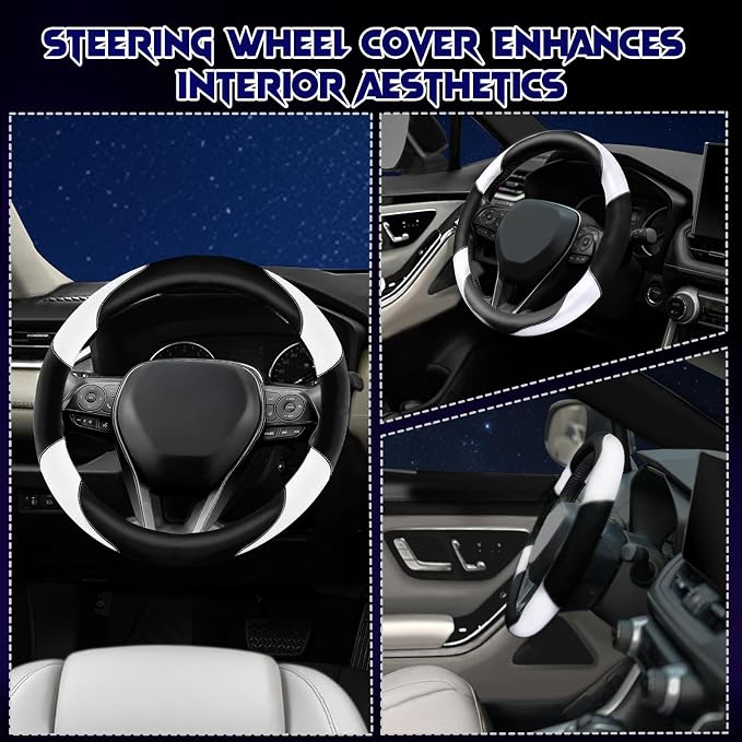 Soft Leather Steering Wheel Cover with Breathable Design and Anti-Slip Grip, Fully Compatible with Tesla, Toyota, Honda, Nissan 14.5-15.2 inch Round Steering Wheel（Sedans and SUVs）