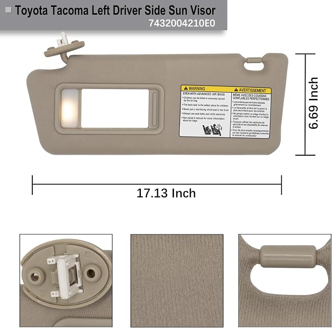 NHILES Driver Left Side Sun Visor Replacement Fits for Toyota Tacoma 2005-2015 Sunshade with Light 7432004210E0 Color Beige