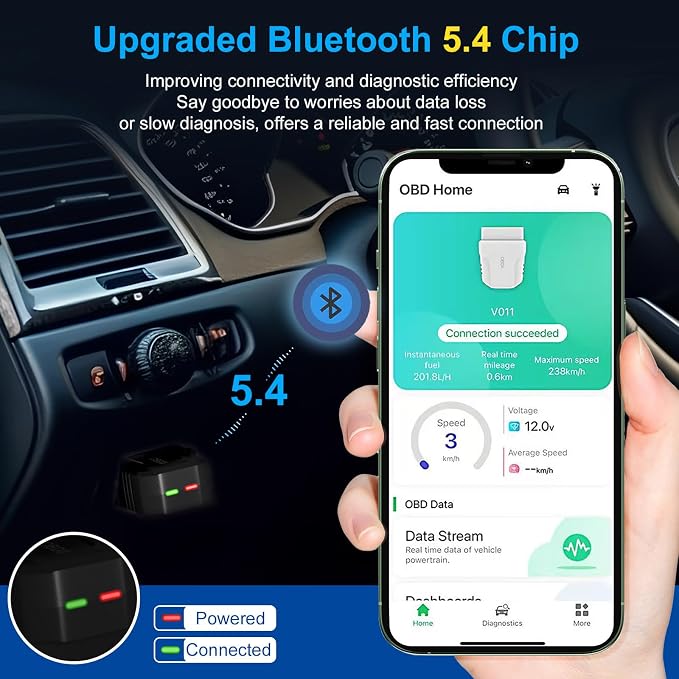 OBD2 Scanner Bluetooth 5.4, Wireless Car Code Reader & Diagnostic Scan Tool for iOS & Android, Check Engine Light Reset, Live Data & Battery Voltage Test, Exclusive OBD Home App