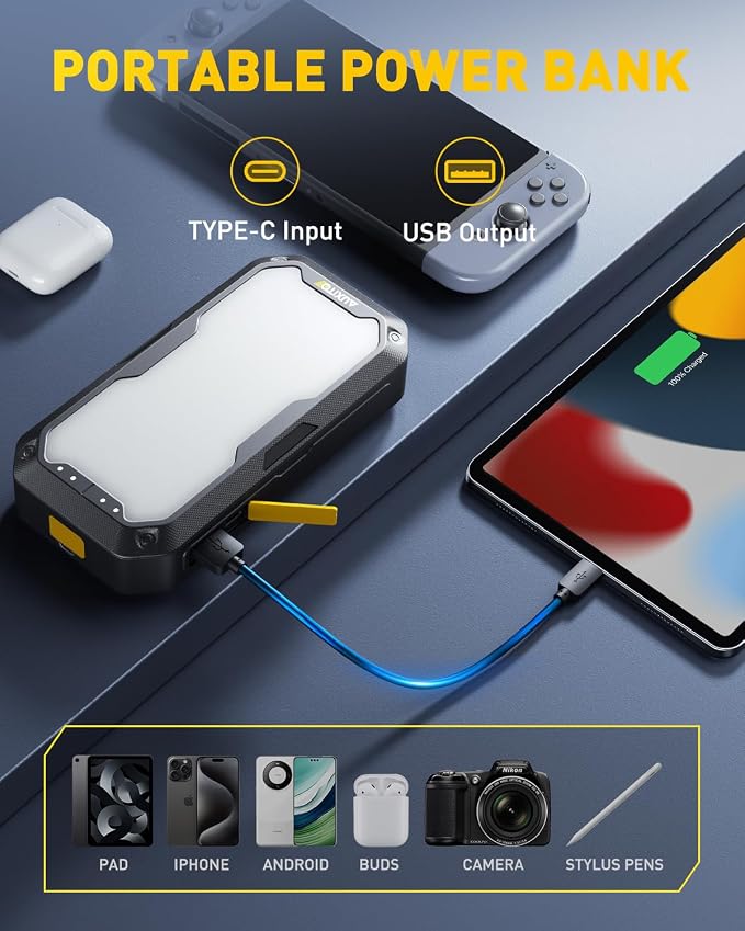 AUXITO Portable Jump Starter - 4000A Car Battery Jump Starter(8L Gas/7L Diesel) 2000LM Camping Light, 12V Jump Box with 4 Modes Working Light and 2 Hook, Portable Charger and Jump Cables