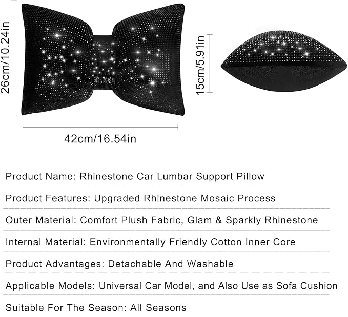 surpassme Rhinestone Lumbar Support Pillow for Car, Bling Back Support Pillow/Cushion Car Accessories for Women(Black)
