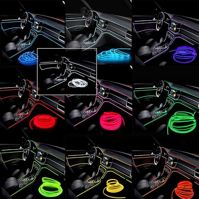 El Wire Ice Blue Interior Car LED Strip Lights, 5M Neon Wire USB 5V with Fuse Protection for Automotive Interior Decoration, with 6mm Sewing Edge