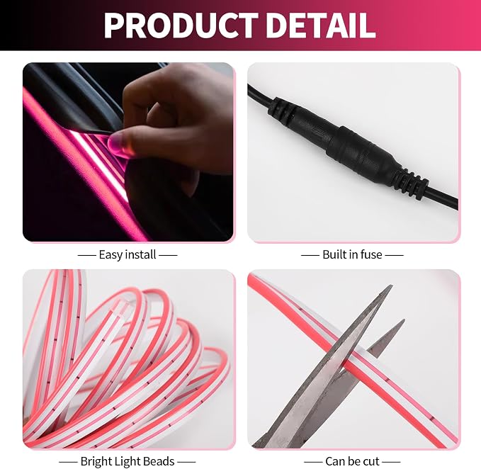 HOLDCY Car LED Strip Lights - Trunk Cargo Ambient Lighting, Pink 10000K, 118.11 inches Flexible Cuttable LED Light Strip, Easy Install, Waterproof, Universal Fit for Car Trunks, SUVs, and Vans