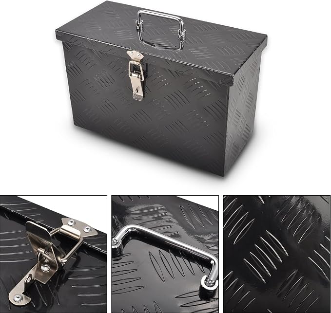 16" Aluminum Truck Bed Tool Box 5 Bar Tread Pick Up Truck Bed RV Storage Organizer with Top Handle Waterproof Lock and Keys - Black(16"x7.5"x10")