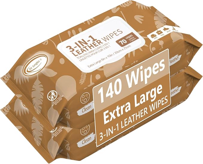 Air Jungles 3in1 Leather Wipes 140 Count, Extra Large 8" x 10" Size, Clean Condition Protect Wipes for Vinyl and Leather Apparel Furniture Auto Car Interior Shoes Boots Bags