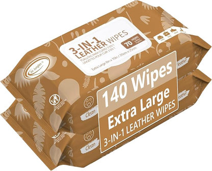 Air Jungles 3in1 Leather Wipes 140 Count, Extra Large 8" x 10" Size, Clean Condition Protect Wipes for Vinyl and Leather Apparel Furniture Auto Car Interior Shoes Boots Bags