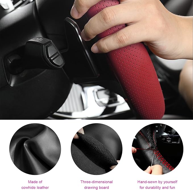 Ziciner Genuine Leather Steering Wheel Cover, Stitch on Wrap, Breathable Anti-Slip Car Steering Wheel Protector for Max Diameter 15 Inch, DIY Sewing with Needles Thread (Wine Red, Glossy)