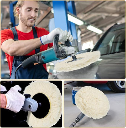 Tallew 6 Pcs 7 Inch Wool Polishing Pad Hook Loop Buffing Pad for Drill Curved Edge Compound Cutting Tool Drill Polisher Attachment Wheel Polish Kit Car Body Repair Buffing
