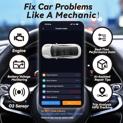 OBD2 Scanner Bluetooth Diagnostic Tool with Compatible for iOS & Android, OBD II Scanner Car Code Reader for Vehicles - No Subscription Fee - Fit for All OBDII Protocol Cars 1996+