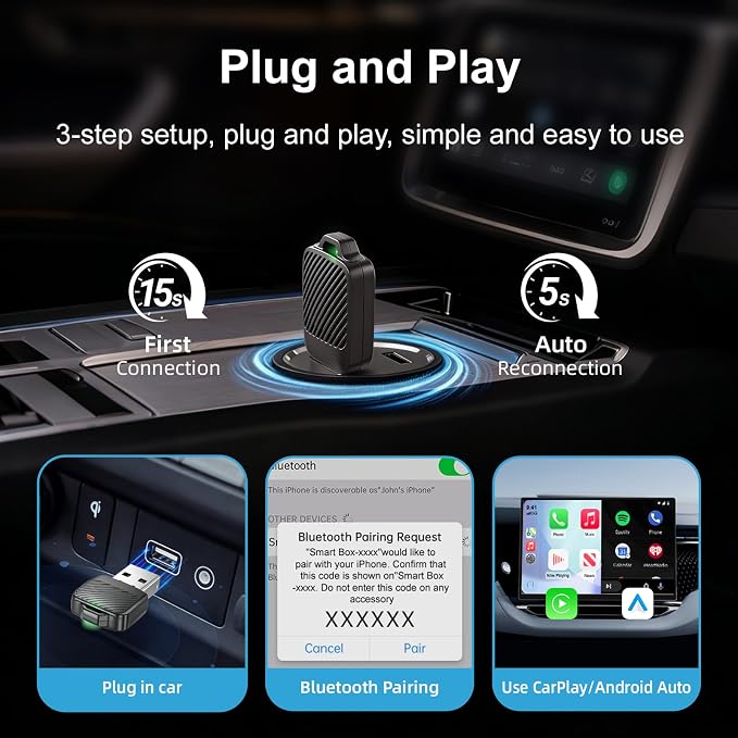 C6 Mini Wireless CarPlay Android Auto Adapter for iPhone & Android Phone, 2-in-1 Dongle, 70% Smaller Mini Design with Cooling Vents, Dual 5G Chips 5.8GHzWiFi, Auto-Connect for Factory Wired Cars 2016+