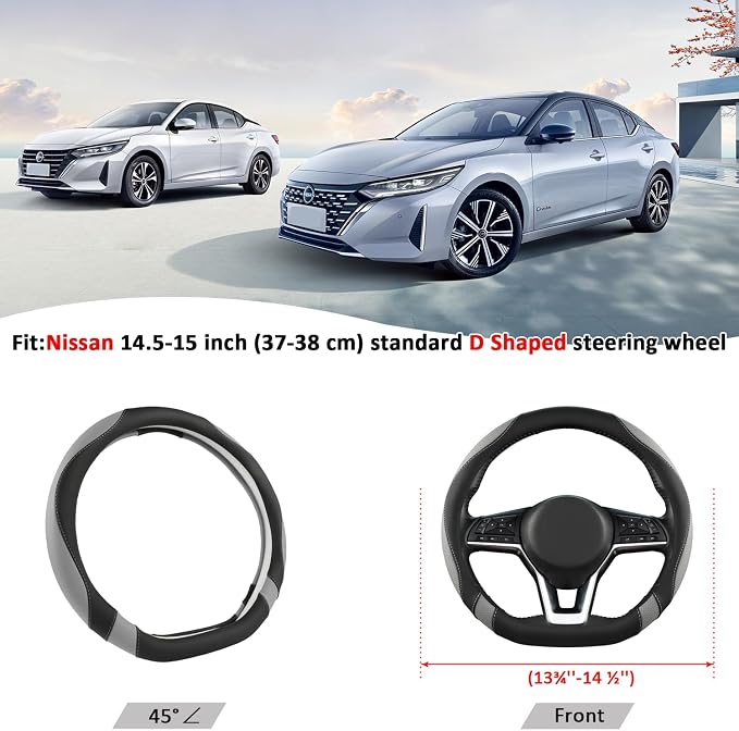 West Llama Flat Bottom Car Steering Wheel Cover for Nissan,D Shaped Steering Wheel Cover for Rogue,Altima,Kicks (Black+Gray-Standard Size)