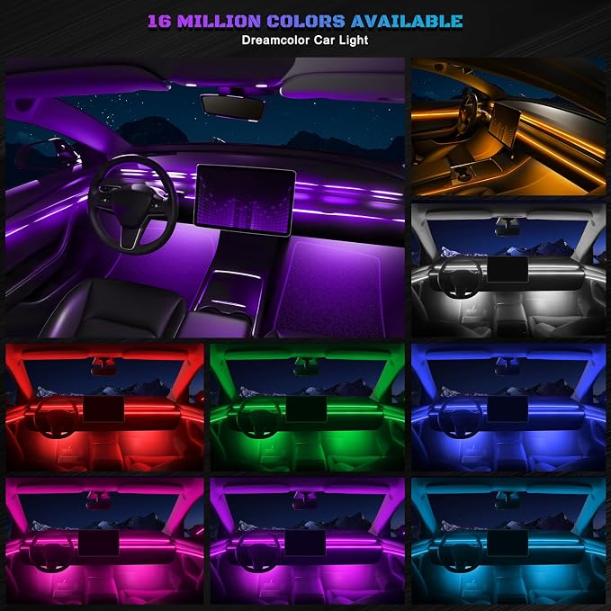 RGB Acrylic Interior Car LED Strip Light with Wireless APP, 10 in 1 with 175 inches 593 LEDs Neon LED Strip Light, 16 Million Colors Dynamic Music Sync Car Ambient Lighting Kits