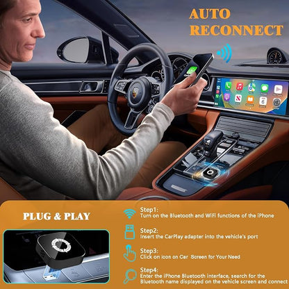 4 in 1 Screen Mirroring Wireless CarPlay Adapte, 2026 Upgraded Wired to Wireless for Apple CarPlay & Android Auto & AirPlay & MirrorLink, Mini USB Car Play Adapter with Type-C Extension, Plug and Play
