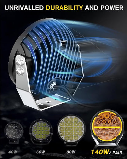 BraveWAY Round LED Offroad Lights 6.5 in 2PC 140W with White & Amber DRL Spot-Flood Combo 20400LM Output Long Distance Driving Auxiliary Work Pods Cubes Light for Trucks, 4WD, 4x4 ATVs, UTVs, Pickups