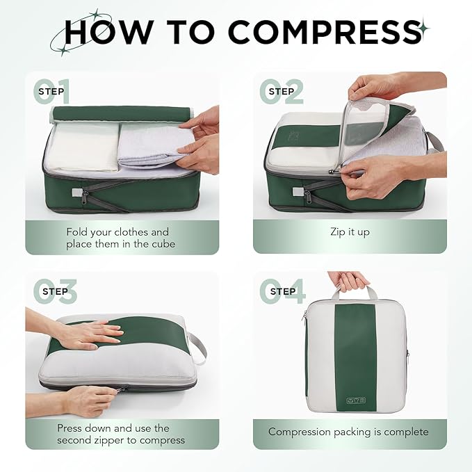 OlarHike 10-Pack Compression Packing Cubes for Travel Essentials,Compressible Expandable Packing Cubes for Suitcase,Luggage Garment Bags for Travel,Handy Helper for Organizing Clothes(Dark Green)