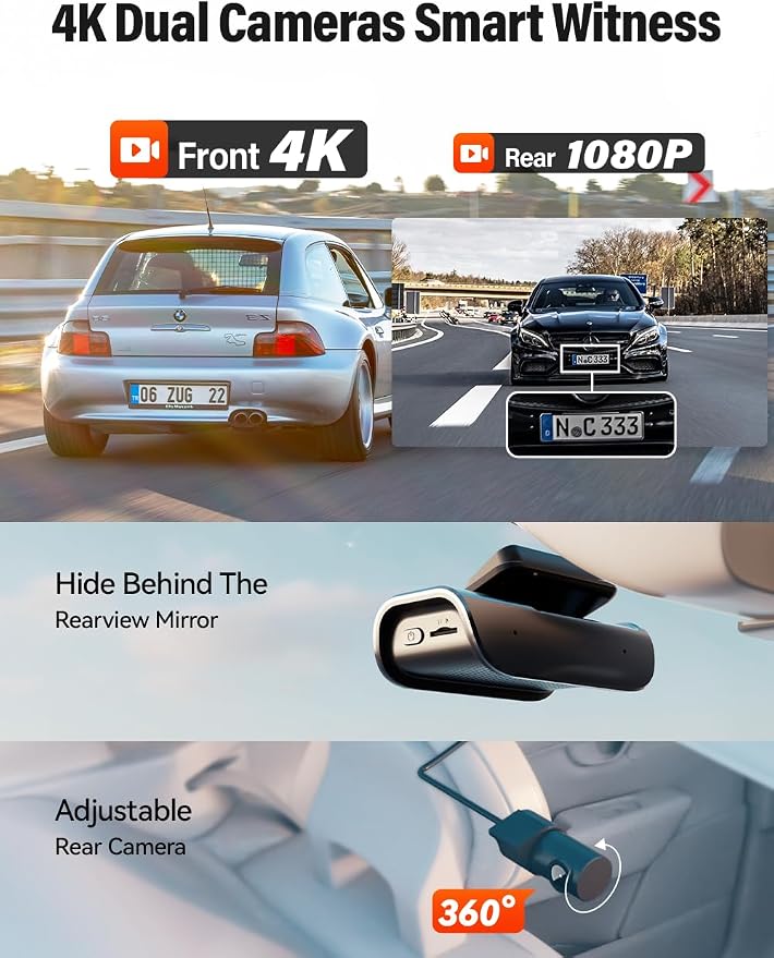 FOCUWAY 4K Front and Rear Dash Cam: Fast 5GHz WiFi & Hands-Free Voice Control, Compact Hidden Design, 24/7 Parking Mode Recording, Supercapacitor & Type-C, Free 64GB Card, Super Night Vision