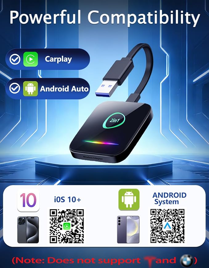 Wireless CarPlay Adapter & Android Auto Dongle – Plug & Play, Converts Wired to Wireless, Fast & Stable Connection, Compatible with iPhone iOS 10+, Android 11+ & 800+ Car Models (2016 & Newer)