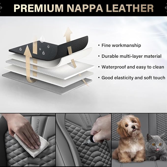 Coverado Car Seat Covers, Front Seat Cover, 2 Pack Waterproof Nappa Leather Seat Covers for Cars, Car Seat Protectors, Driver Seat Cover, Automotive Seat Covers Universal Fit for Most Cars, Gray