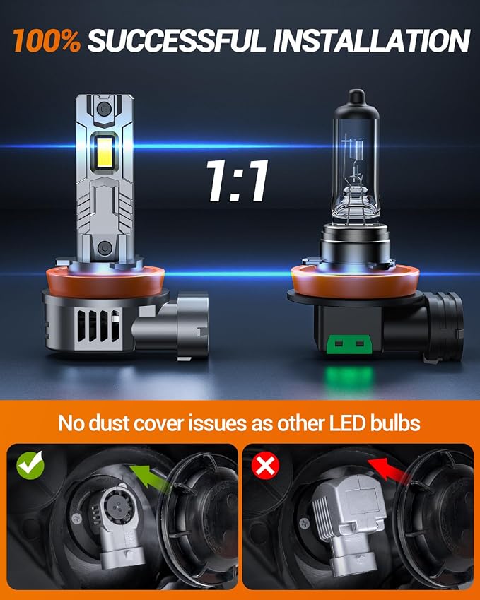 SEALIGHT H11/H8/H9/H16 Bulb, 40,000LM Super Brighter,6500K Cool White H11/H8/H9/H16 Light Bulbs,3 Min Quick Install Lights Combo, Plug-N-Play, Headlight Eyebrows,Pack of 2
