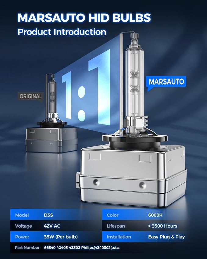 Marsauto D3S HID Bulbs, 6000K Cold White, Xenon D3S HID Bulb, 3500 Hours Longevity, Waterproof Design, 5 Minutes Installation, Pack of 2