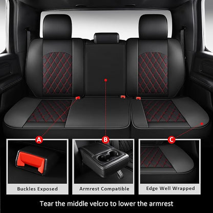 MIROZO Ram Seat Covers Full Set –Waterproof Truck Seat Covers Leather Car Seat Protector Fits 2009-2026 Ram 1500/2500/3500 Crew Quad Regular Cab Pickup with Split Flat Bench 40/60,Black and Red