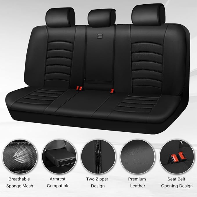 CAR PASS Leather Back Seat Cover, Universal Waterproof Bench Rear Seat Cover Zipper Split Rear Bench Protector Fit 95% Automotive Interior Covers for Cars Sedans SUVs (Rear,All Black)