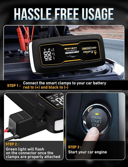 EcoNour 2500A Portable Jump Starter for Car | 12V Lithium Jump Box for 8.5L Gas and 8.5L Diesel Engines | Car Jump Starter - LCD Display, Emergency Flashlight and Jumper Cables