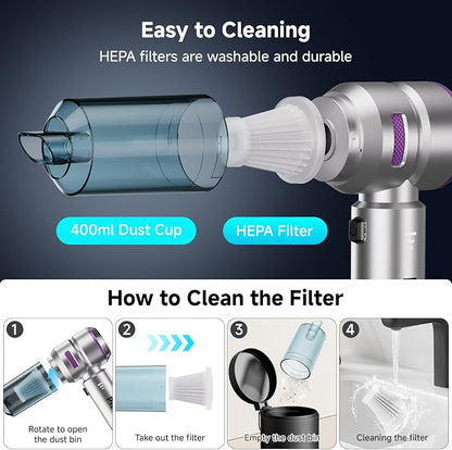 Handheld Vacuum Cordless, Car Vacuum Cleaner with Brushless Motor, Strong Suction Vacuum & Compressed Air Dusters with LED Light, Type C Port, Wireless Mini Portable Hand Vacuum Blower for Home, Pet