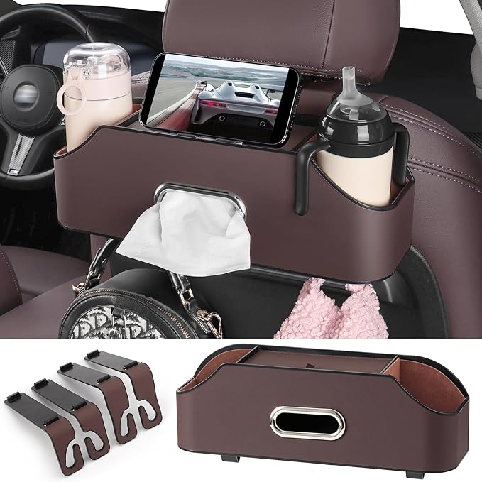 Car Rear Backseat Extra Multifunctional Drink Cup Holder Organizers with Tissue Storage Box Organizer & Hooks for Car Seat Back (Brown)
