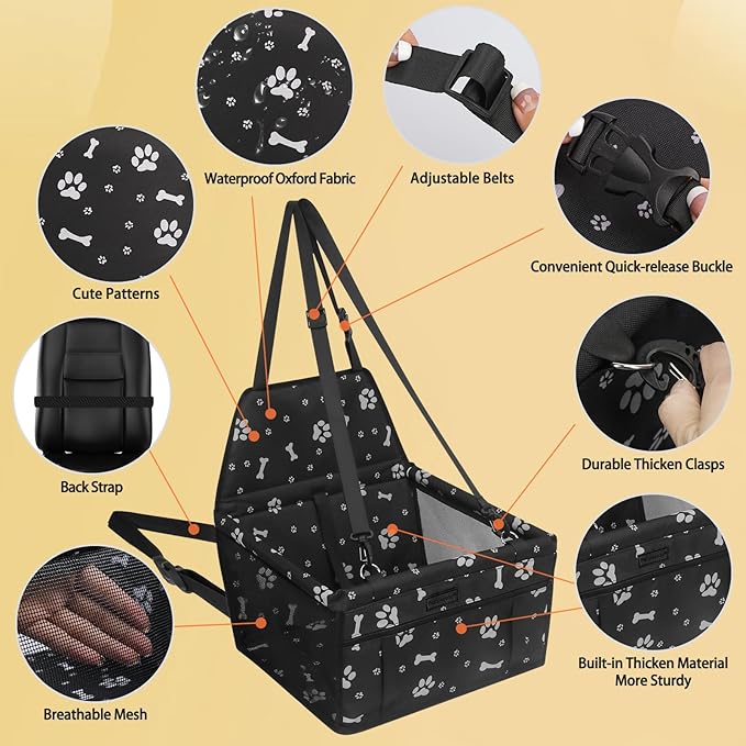 Dog Car Seat, Foldable Dog Car Booster Seat Waterproof Breathable Oxford Travel Bag for Small to Medium Dogs, Puppies, and Pets-Pattern Black