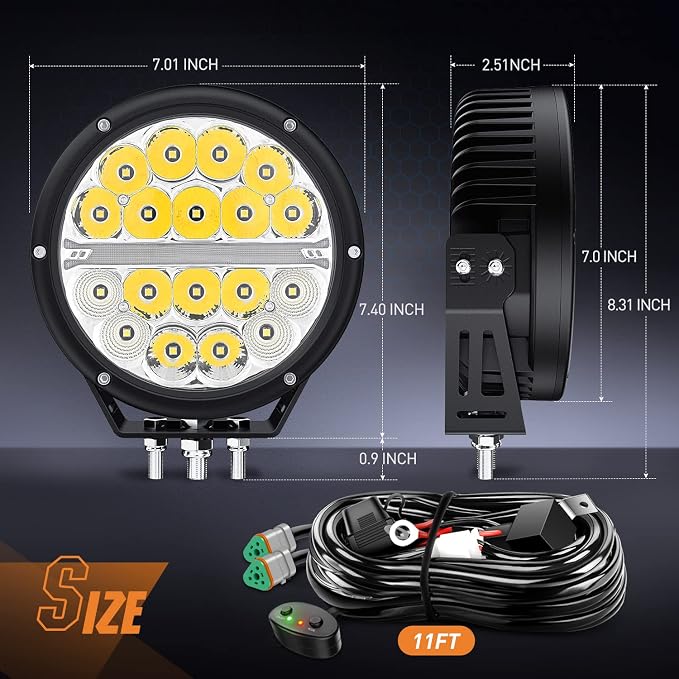 Nilight 7 Inch Round LED Offroad Driving Lights with DRL 2 PCS 90W 9850LM IP68 Spot Flood Combo Work Light w/ 12AWG DT Connector Wiring Harness Kit for 4x4 Truck ATV UTV SUV
