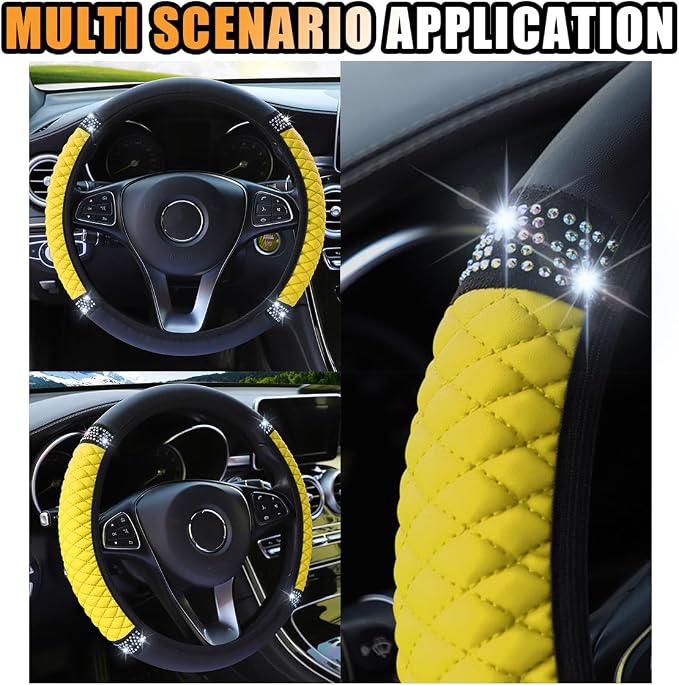 Bling Soft Leather Steering Wheel Cover, 15 Inch Colorful Rhinestones Auto Elastic Protector with Crystal Diamond for Women Girls, Car Accessories for Most Cars, SUVs (Yellow)