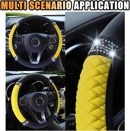 Bling Soft Leather Steering Wheel Cover, 15 Inch Colorful Rhinestones Auto Elastic Protector with Crystal Diamond for Women Girls, Car Accessories for Most Cars, SUVs (Yellow)