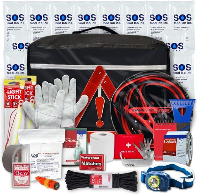 Roadside Deluxe Car Emergency Kit – Complete Car Essentials for Winter Car Kit | Includes Jumper Cables, Food & Water, Emergency Gear, and More